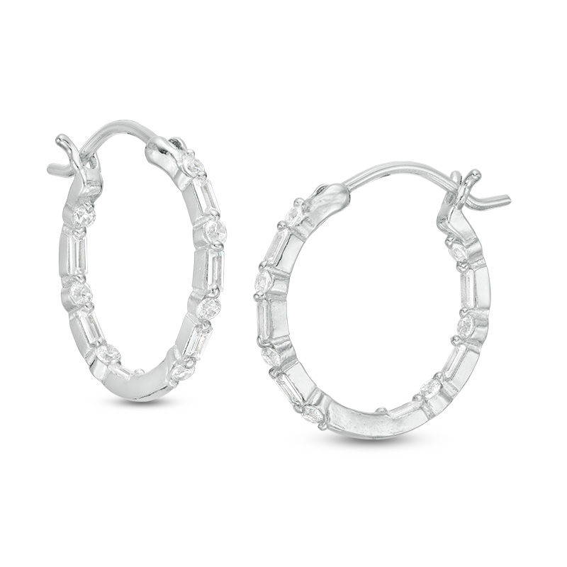 Main Image 1 of Baguette and Round Cubic Zirconia Alternating Inside-Out Hoop Earrings in Sterling Silver