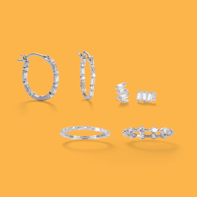 Main Image 2 of Baguette and Round Cubic Zirconia Alternating Inside-Out Hoop Earrings in Sterling Silver