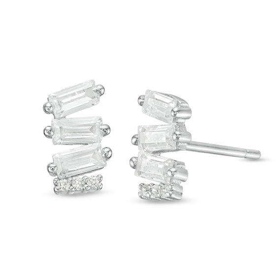 Baguette and Round Cubic Zirconia Abstract Stud Earrings in Sterling Silver