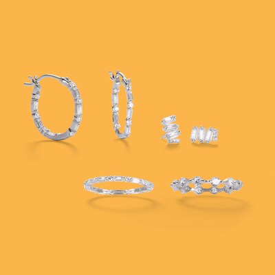 Baguette and Round Cubic Zirconia Abstract Stud Earrings in Sterling Silver