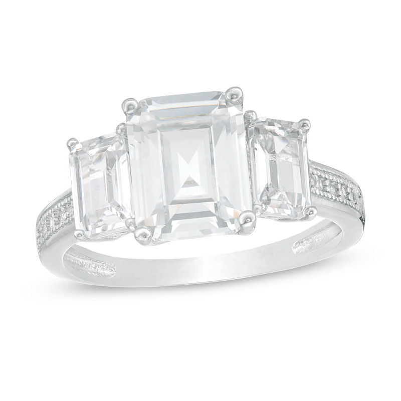 Main Image 1 of Emerald-Cut Cubic Zirconia Three Stone Vintage-Style Engagement Ring in Sterling Silver - Size 7