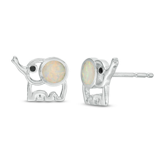 Lab-Created Opal and Black Cubic Zirconia Elephant Stud Earrings in Sterling Silver