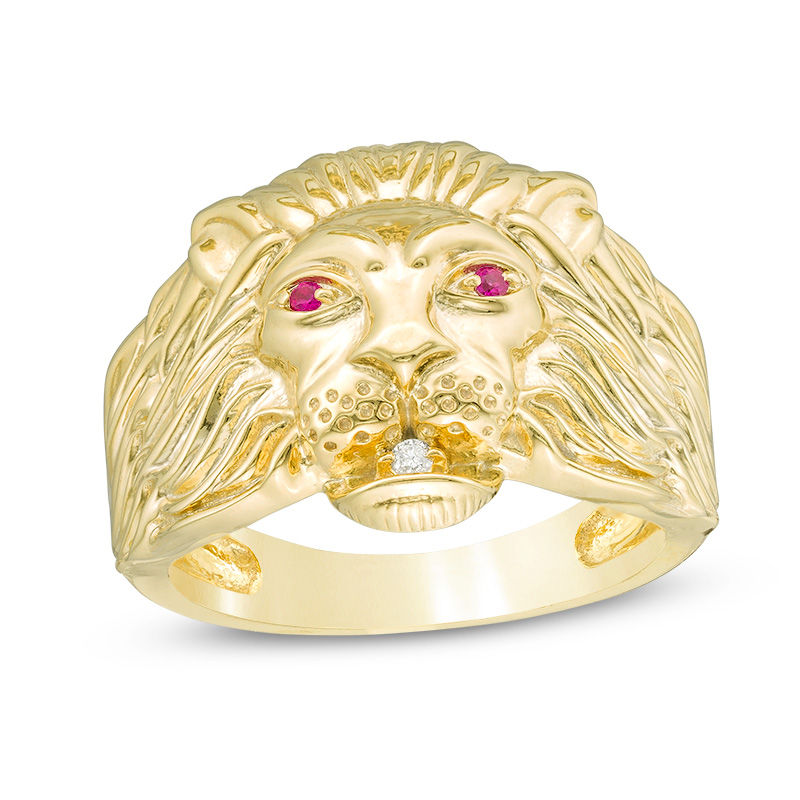 Ruby and Diamond Accent Lion Head Ring in Sterling Silver with 14K Gold Plate - Size 10