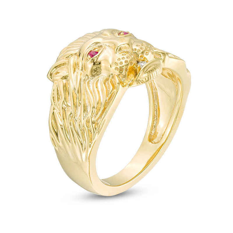 Ruby and Diamond Accent Lion Head Ring in Sterling Silver with 14K Gold Plate - Size 10