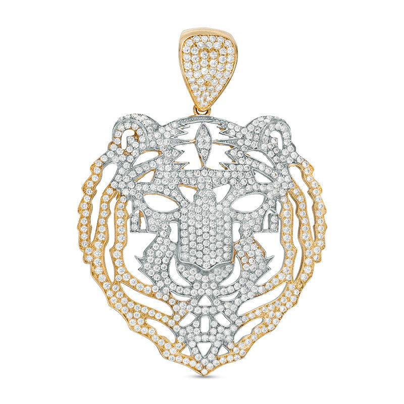 Main Image 1 of Cubic Zirconia Pavé Tiger Head Outline Necklace Charm in 10K Gold