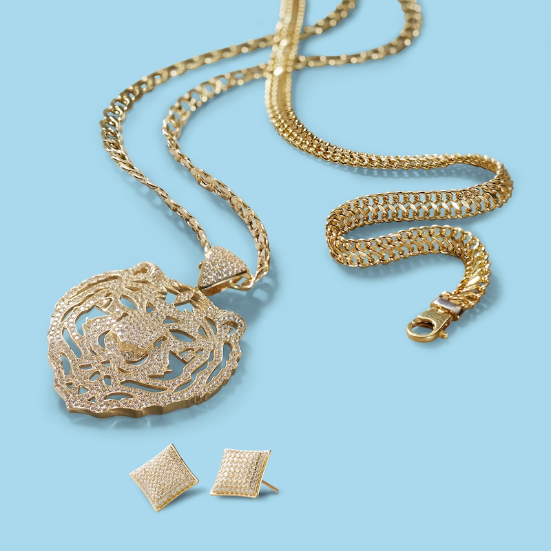Main Image 2 of Cubic Zirconia Pavé Tiger Head Outline Necklace Charm in 10K Gold