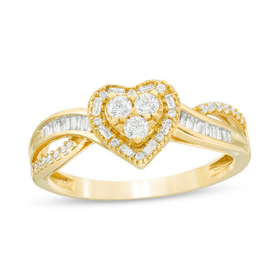 1/3 CT. T.W. Baguette and Round Trio Diamond Heart Frame Crossover Split Shank Ring in 10K Gold