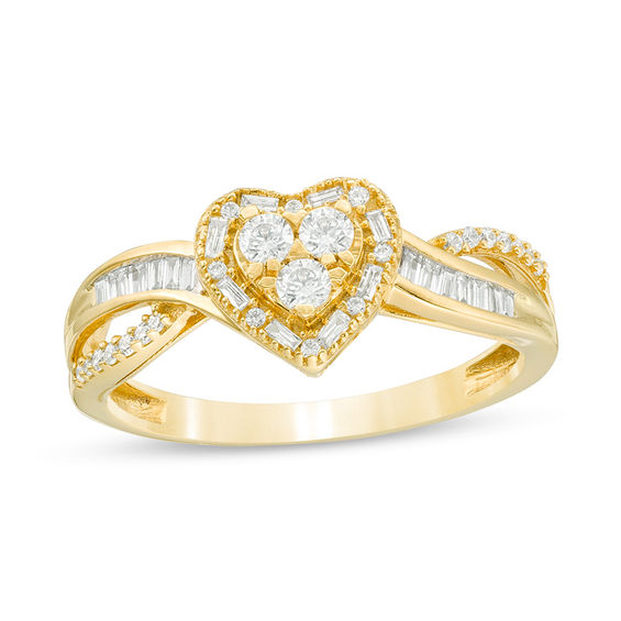 1/3 CT. T.W. Baguette and Round Trio Diamond Heart Frame Crossover Split Shank Ring in 10K Gold