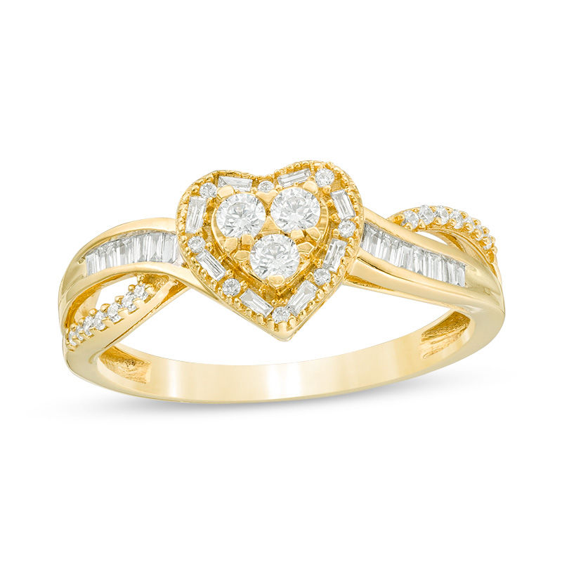 Main Image 1 of 1/3 CT. T.W. Baguette and Round Trio Diamond Heart Frame Crossover Split Shank Ring in 10K Gold