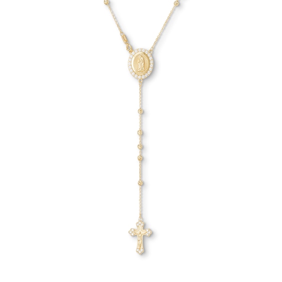 Cubic Zirconia and Diamond-Cut Rosary Bead Necklace in 10K Gold