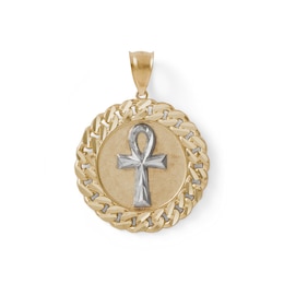 Diamond-Cut Ankh Cross Curb Chain Frame Medallion Necklace Charm in 10K Two-Tone Gold