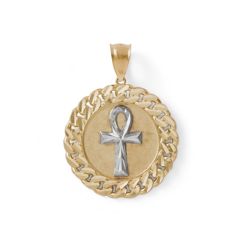 Main Image 1 of Diamond-Cut Ankh Cross Curb Chain Frame Medallion Necklace Charm in 10K Two-Tone Gold