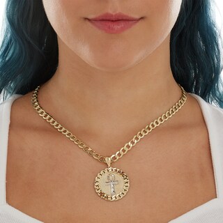 Diamond-Cut Ankh Cross Curb Chain Frame Medallion Necklace Charm in 10K Two-Tone Gold