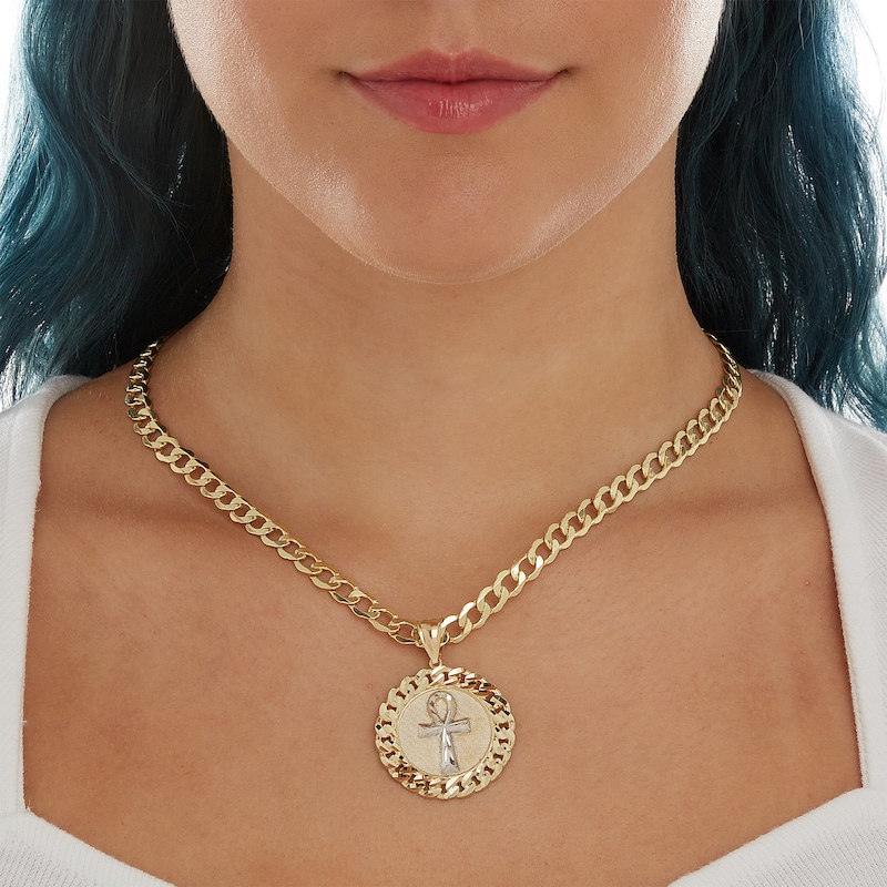 Main Image 3 of Diamond-Cut Ankh Cross Curb Chain Frame Medallion Necklace Charm in 10K Two-Tone Gold
