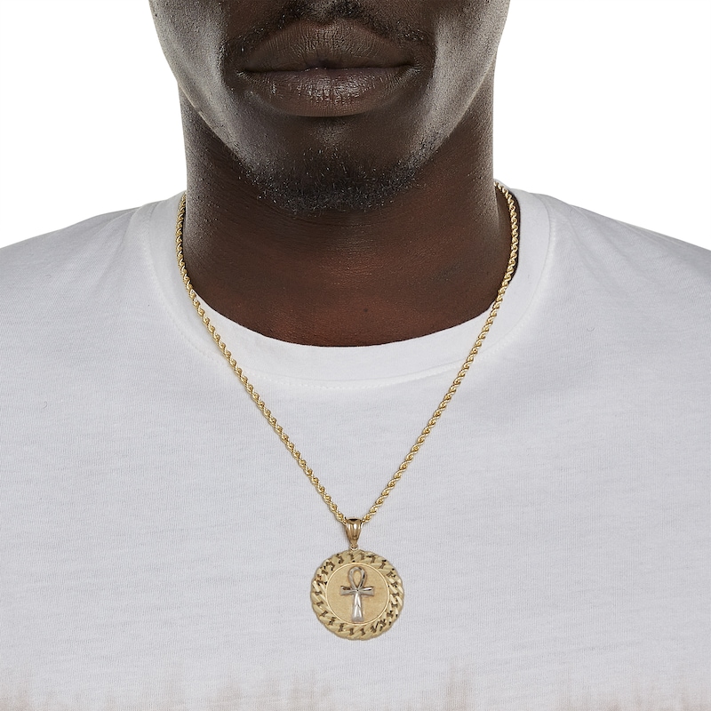 Main Image 4 of Diamond-Cut Ankh Cross Curb Chain Frame Medallion Necklace Charm in 10K Two-Tone Gold