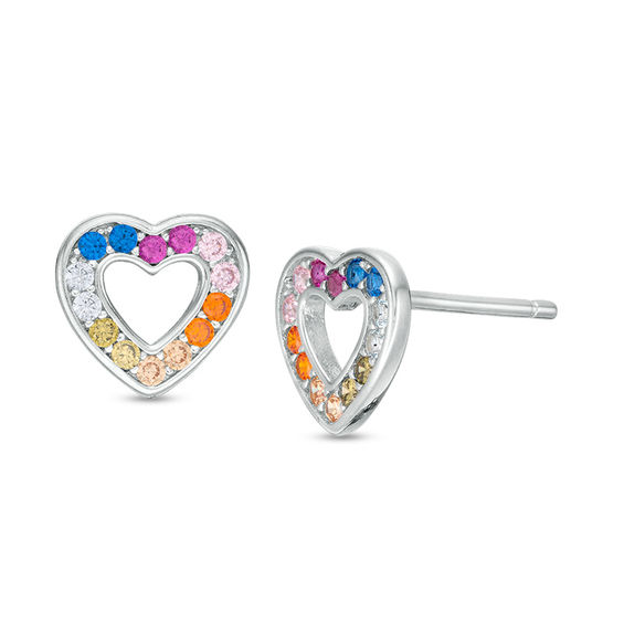 Multi-Color Cubic Zirconia Heart Outline Stud Earrings in Sterling Silver