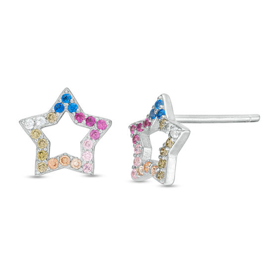 Multi-Color Cubic Zirconia Star Outline Stud Earrings in Sterling Silver