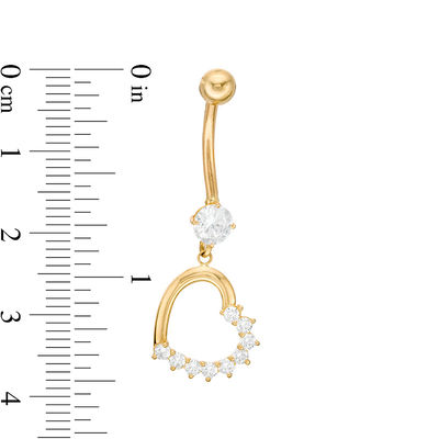 014 gauge Cubic Zirconia Tilted Heart Outline Dangle Belly Button Ring in 10K Gold