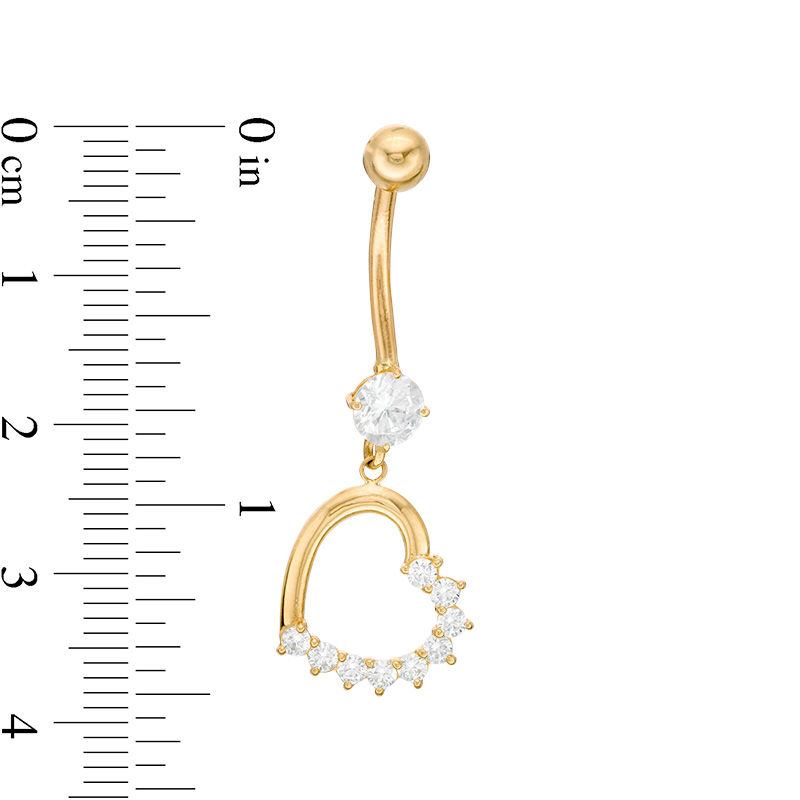 014 gauge Cubic Zirconia Tilted Heart Outline Dangle Belly Button Ring in 10K Gold
