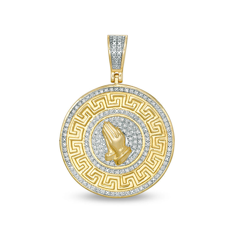 undefined | 1/4 CT. T.W. Diamond Praying Hands and Greek Key Medallion Necklace Charm in 10K Gold