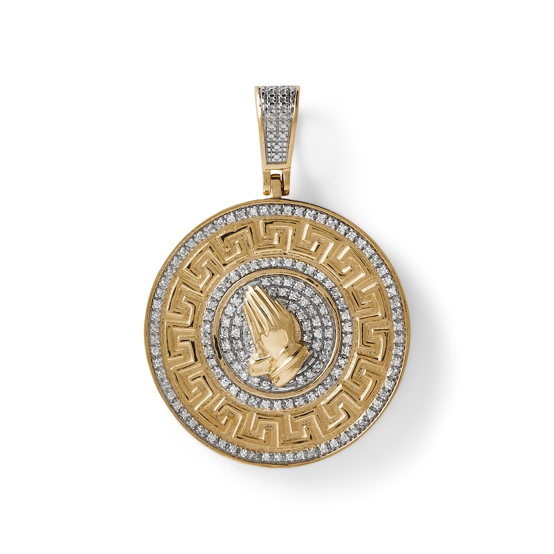 Main Image 1 of 1/4 CT. T.W. Diamond Praying Hands and Greek Key Medallion Necklace Charm in 10K Gold