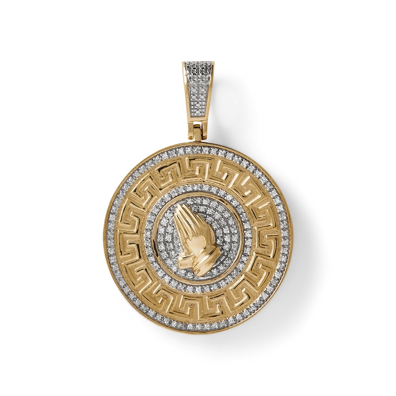 1/4 CT. T.W. Diamond Praying Hands and Greek Key Medallion Necklace Charm in 10K Gold