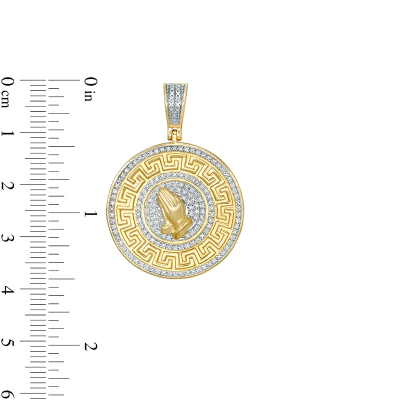 Main Image 3 of 1/4 CT. T.W. Diamond Praying Hands and Greek Key Medallion Necklace Charm in 10K Gold