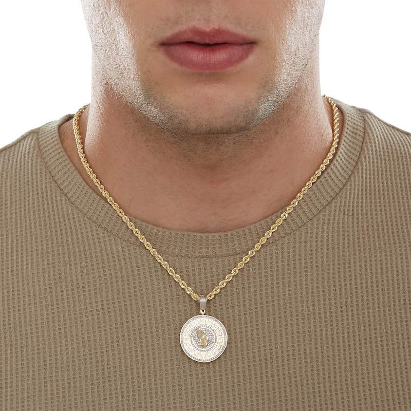 Main Image 4 of 1/4 CT. T.W. Diamond Praying Hands and Greek Key Medallion Necklace Charm in 10K Gold
