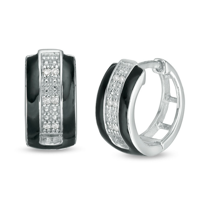 Main Image 1 of 1/20 CT. T.W. Diamond Beaded and Black Enamel Stripe Huggie Hoop Earrings in Sterling Silver