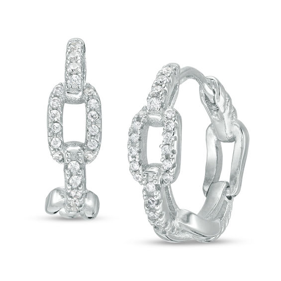 Cubic Zirconia Chain Link Huggie Hoop Earrings in Sterling Silver