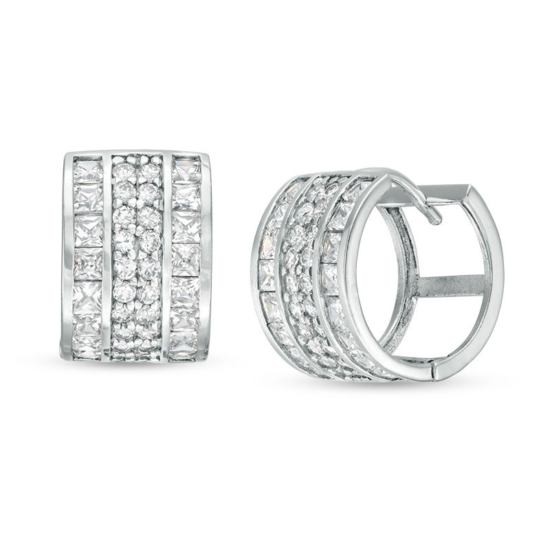 Main Image 1 of Square and Round Cubic Zirconia Multi-Row Huggie Hoop Earrings in Sterling Silver