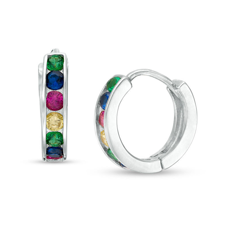 Multi-Color Cubic Zirconia Huggie Hoop Earrings in Sterling Silver