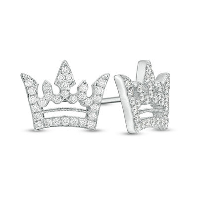 Cubic Zirconia Pavé Beaded Crown Cut-Out Stud Earrings in Sterling Silver
