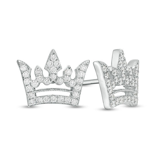 Cubic Zirconia Pavé Beaded Crown Cut-Out Stud Earrings in Sterling Silver