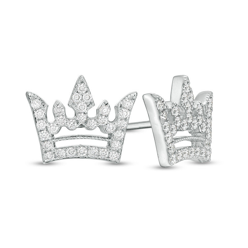 Cubic Zirconia Pavé Beaded Crown Cut-Out Stud Earrings in Sterling Silver