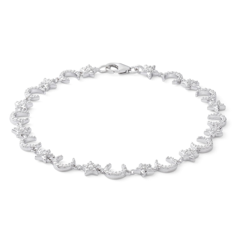 Main Image 1 of Diamond Accent Beaded Crescent Moon and Star Bracelet in Sterling Silver - 7.25"
