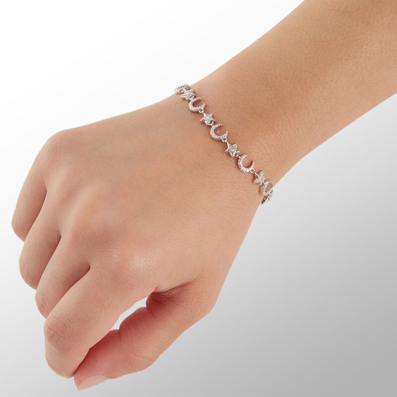 Main Image 3 of Diamond Accent Beaded Crescent Moon and Star Bracelet in Sterling Silver - 7.25"