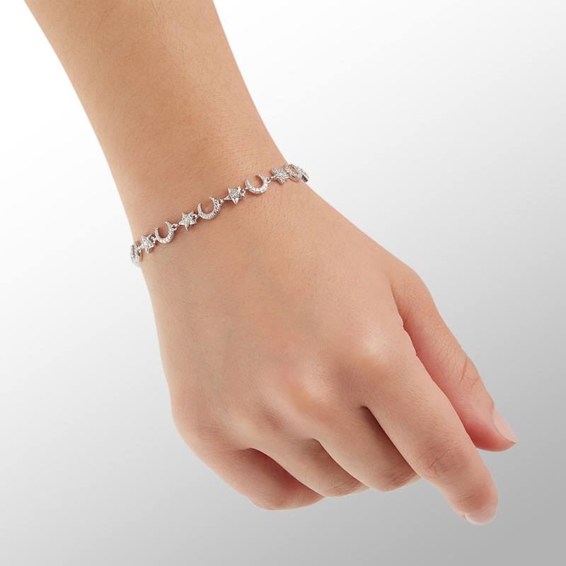 Main Image 5 of Diamond Accent Beaded Crescent Moon and Star Bracelet in Sterling Silver - 7.25"