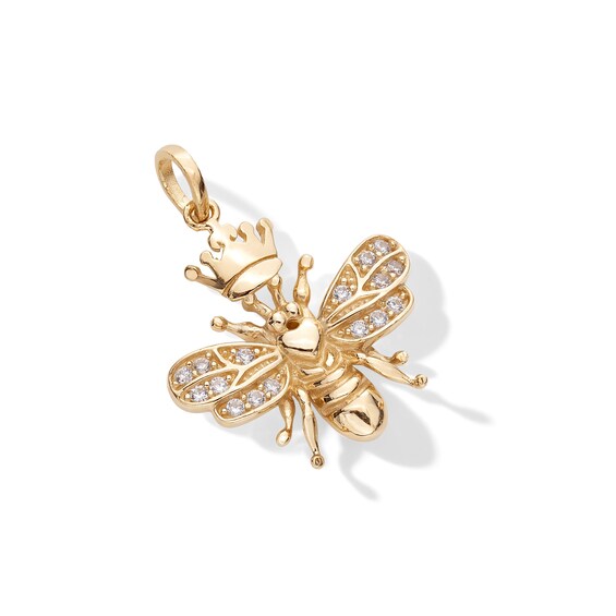 Cubic Zirconia Bumblebee with Crown Necklace Charm in 10K Solid Gold