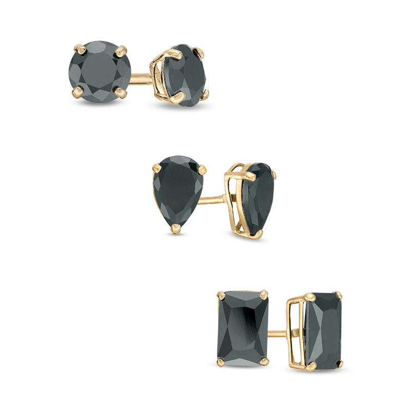 Multi-Shape Black Cubic Zirconia Stud Earrings Set in 10K Gold