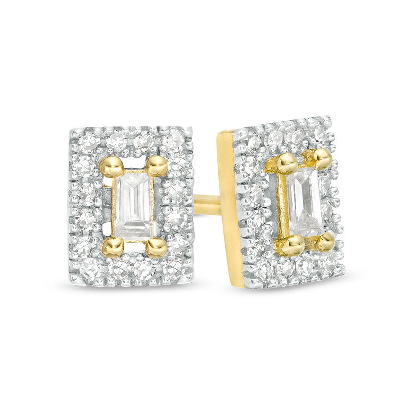 1/6 CT. T.W. Baguette and Round Diamond Rectangle Frame Stud Earrings in 10K Gold