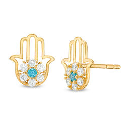 Blue and White Cubic Zirconia Flower Cluster Hamsa Stud Earrings in 10K Gold