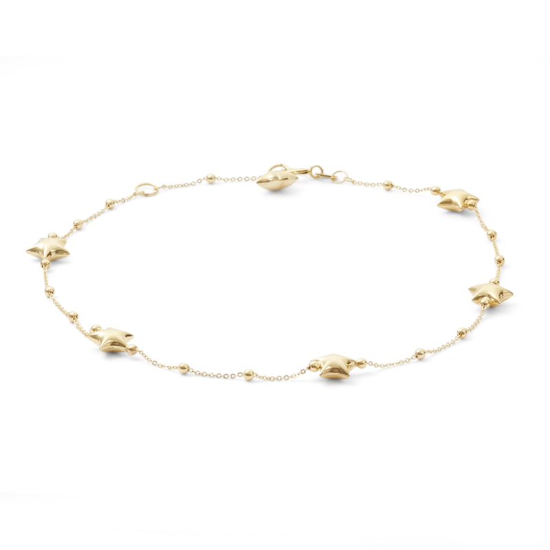 Puff Star and Bead Station Anklet in 10K Solid Gold - 10"