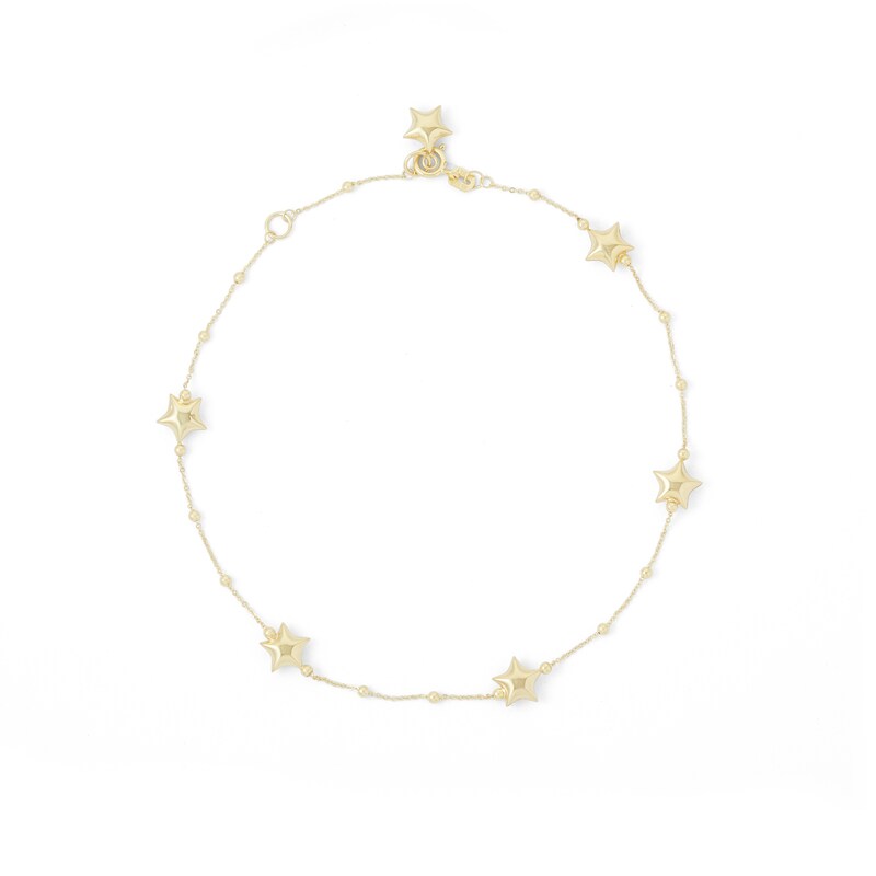 Puff Star and Bead Station Anklet in 10K Solid Gold - 10"