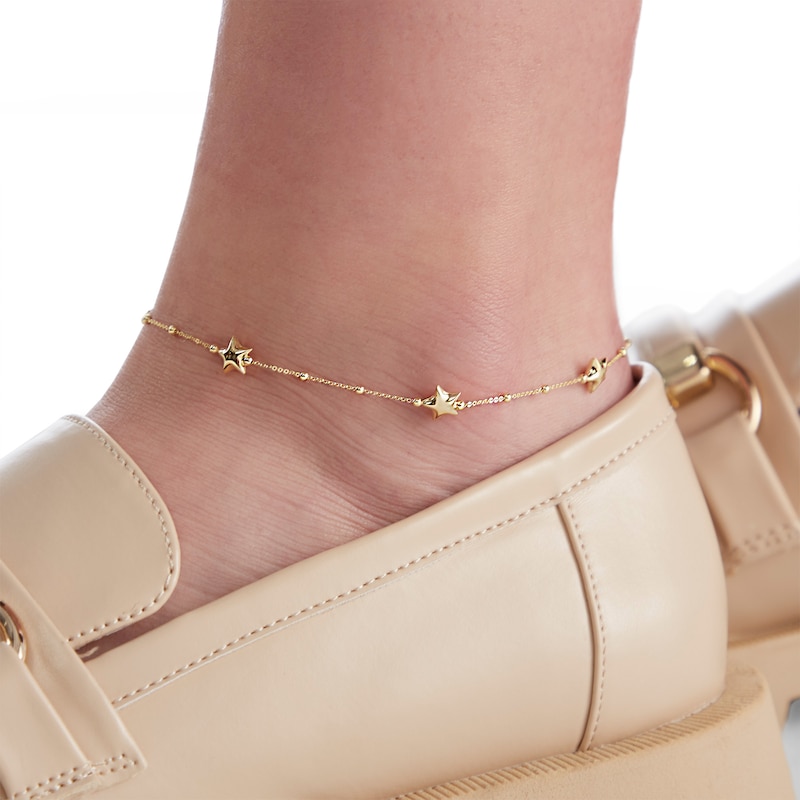 Puff Star and Bead Station Anklet in 10K Solid Gold - 10"