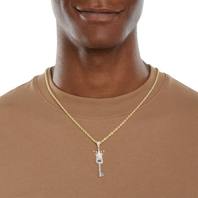 10K Gold 5/8 CT. T.W. Diamond Key with Crown Necklace Charm