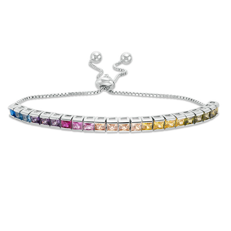 3mm Princess-Cut Multi-Color Cubic Zirconia Bar Bolo Bracelet in Sterling Silver - 9"