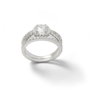 6mm Cubic Zirconia Framed Split Shank Bridal Set in Sterling Silver - Size 7