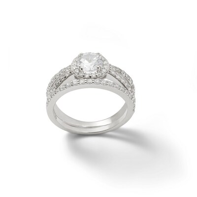 6mm Cubic Zirconia Framed Split Shank Bridal Set in Sterling Silver - Size 7