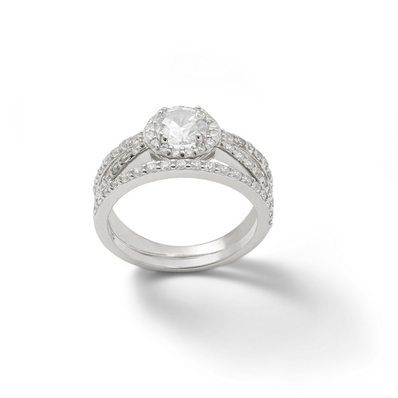 6mm Cubic Zirconia Framed Split Shank Bridal Set in Sterling Silver - Size 7